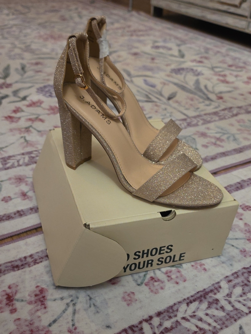 Shirley Fine Gold Glitter Ankle Strap Block Heel Pump